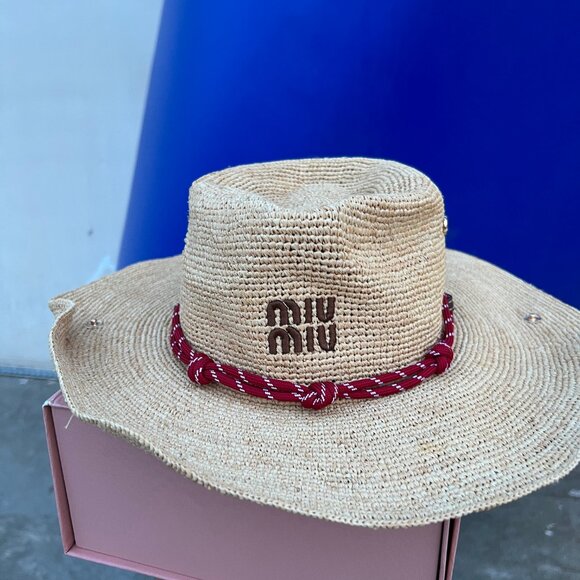 Miu Miu | Dresses | Miu Miu Women Beige Straw Hat With Red  display picture 3
